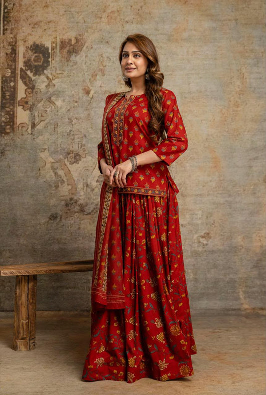 Gulnaar Red Printed Kurta with Farshi Palazzo & Dupatta