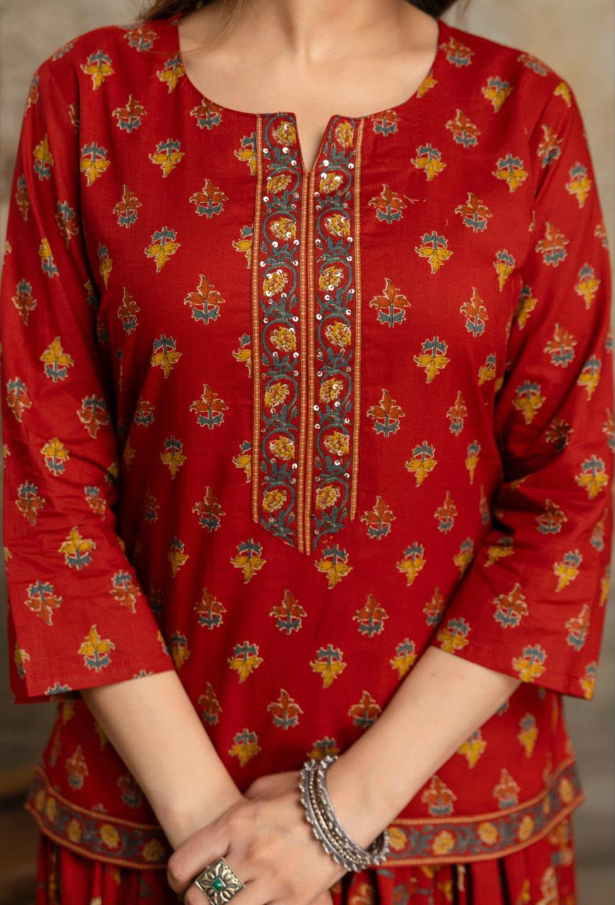 Gulnaar Red Printed Kurta with Farshi Palazzo & Dupatta