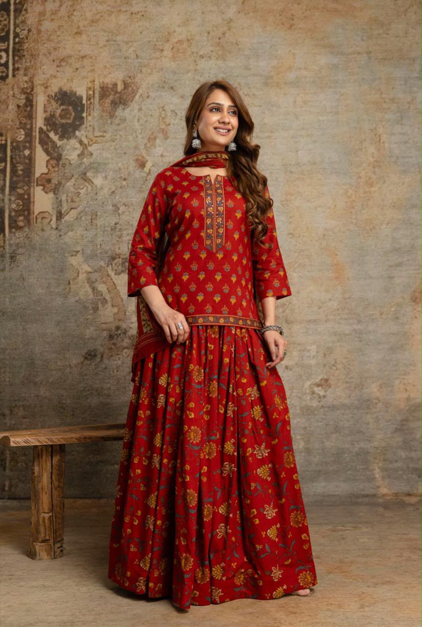 Gulnaar Red Printed Kurta with Farshi Palazzo & Dupatta