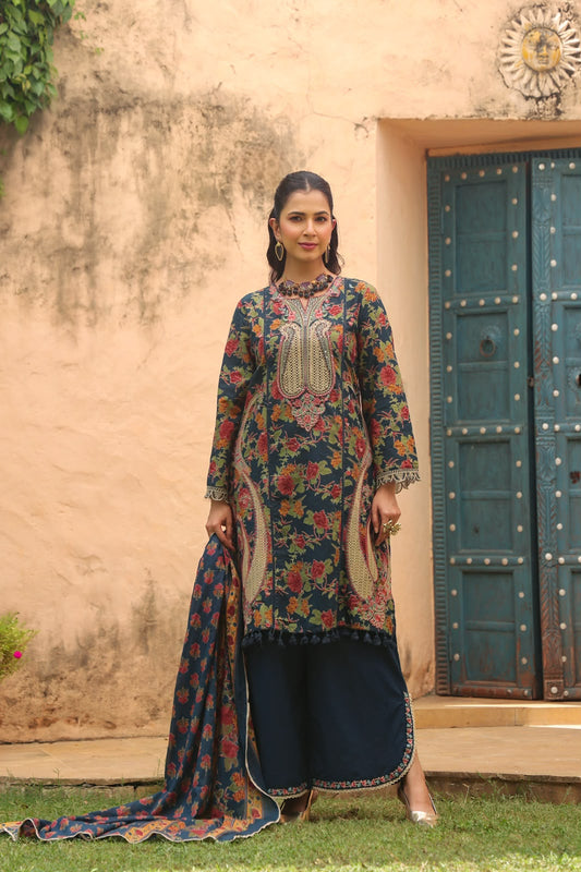 Floral Printed Straight Kurta with Solid Palazzos & Printed Dupatta