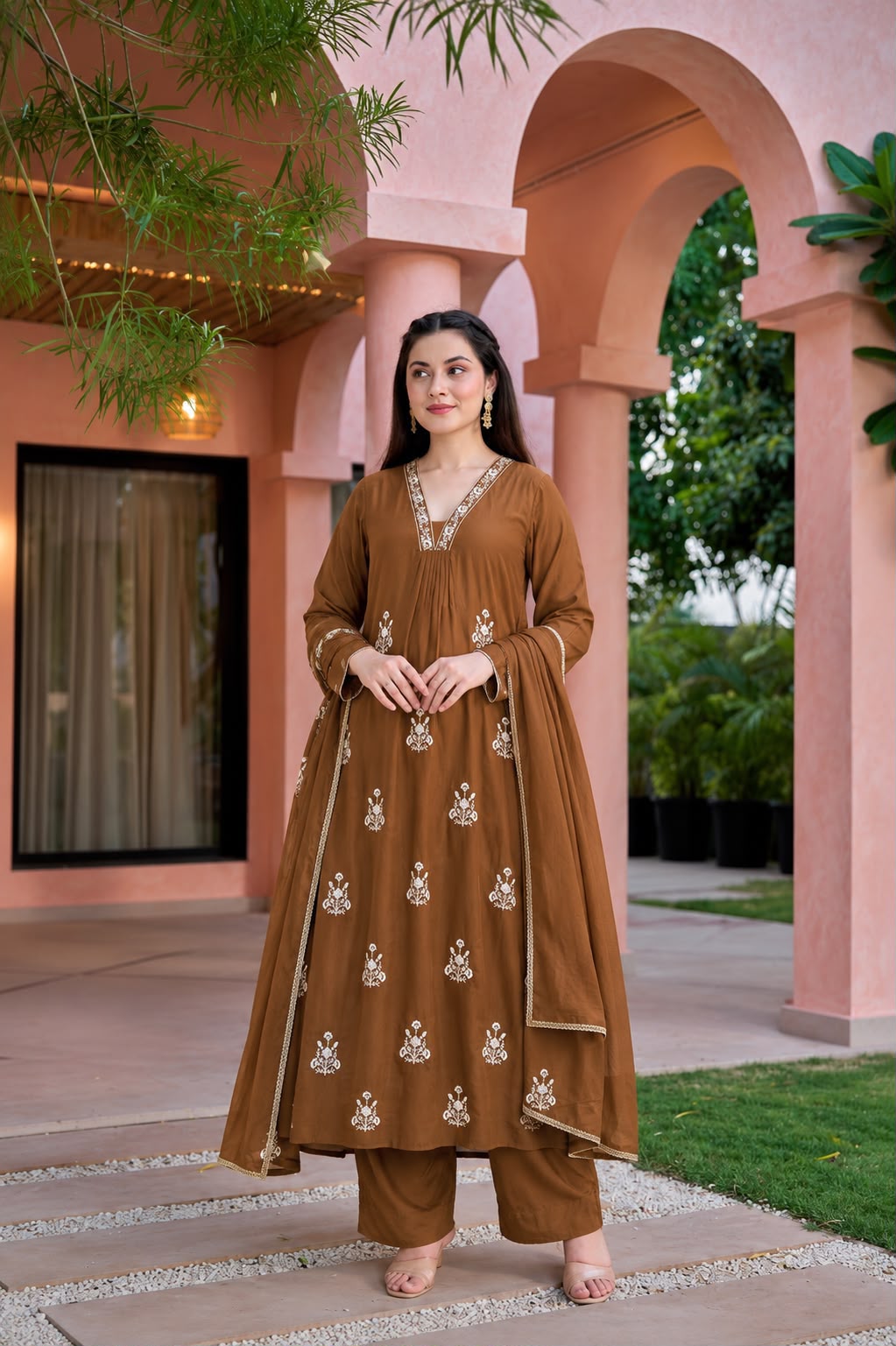 Mocha Brown Floral Embroidered Anarkali Set
