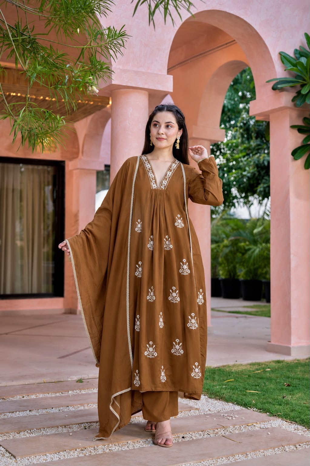 Mocha Brown Floral Embroidered Anarkali Set