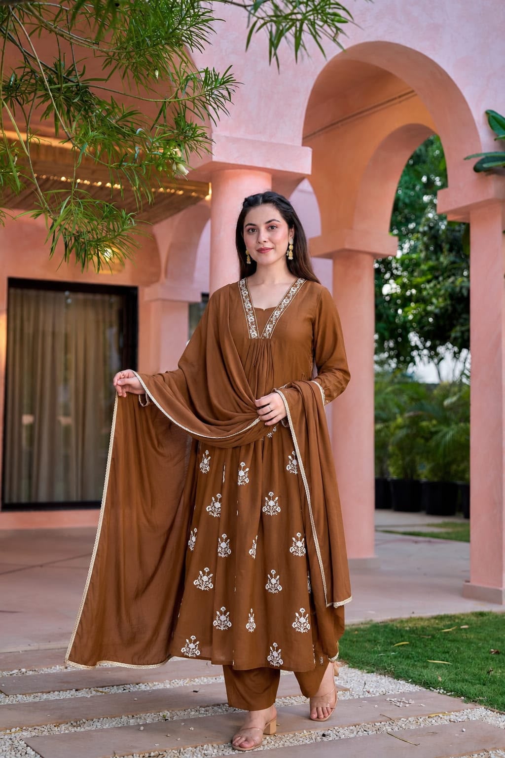 Mocha Brown Floral Embroidered Anarkali Set
