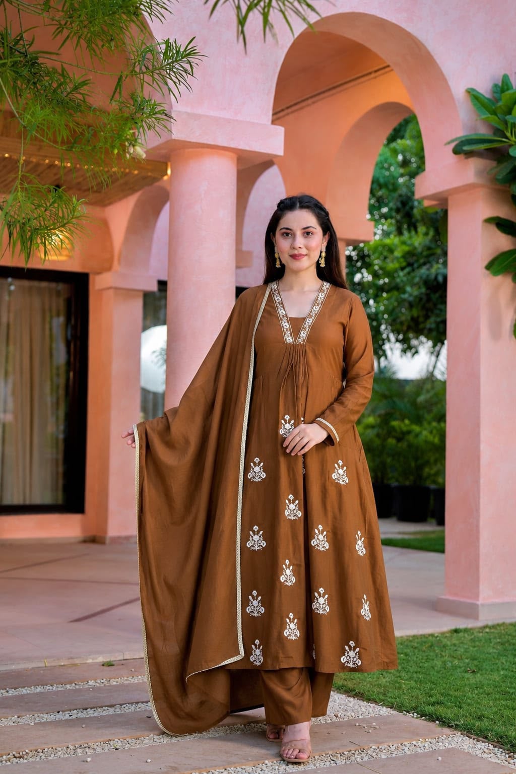 Mocha Brown Floral Embroidered Anarkali Set