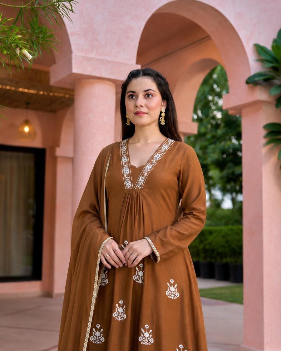Mocha Brown Floral Embroidered Anarkali Set