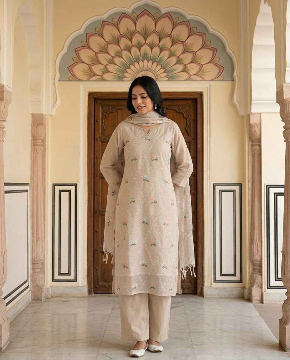 Women Elegant Floral Thread Embroidered Kurta Set with Dupatta