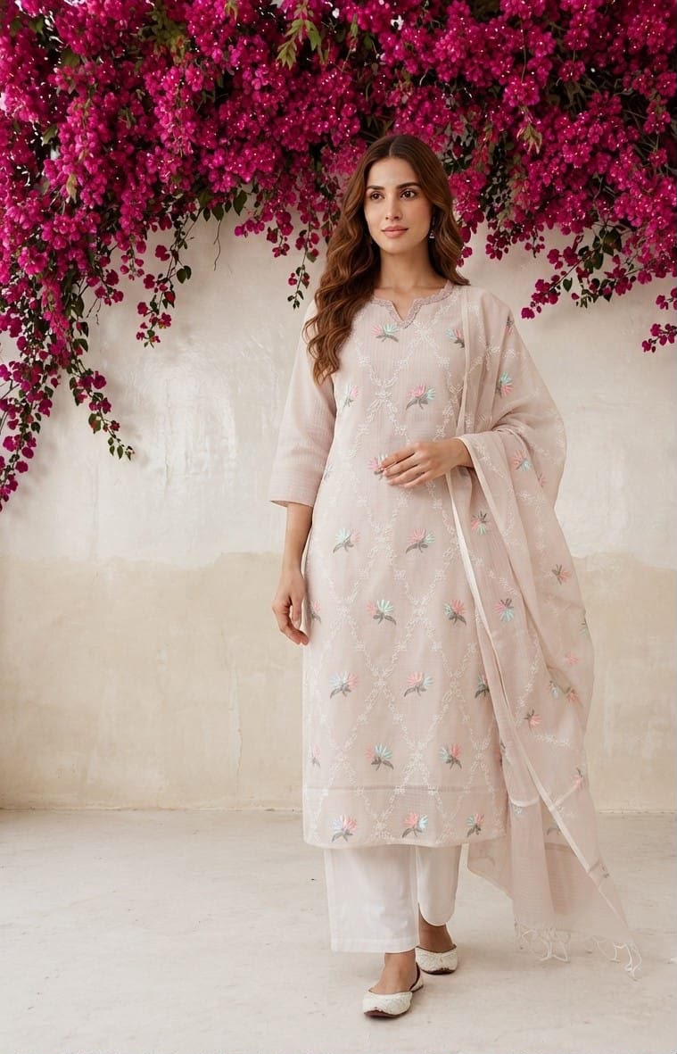 Women Elegant Floral Thread Embroidered Kurta Set with Dupatta