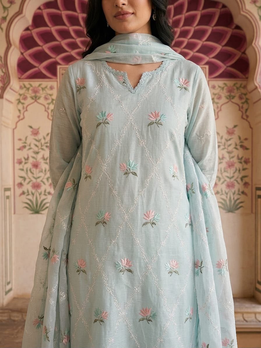 Women Elegant Floral Thread Embroidered Kurta Set with Dupatta
