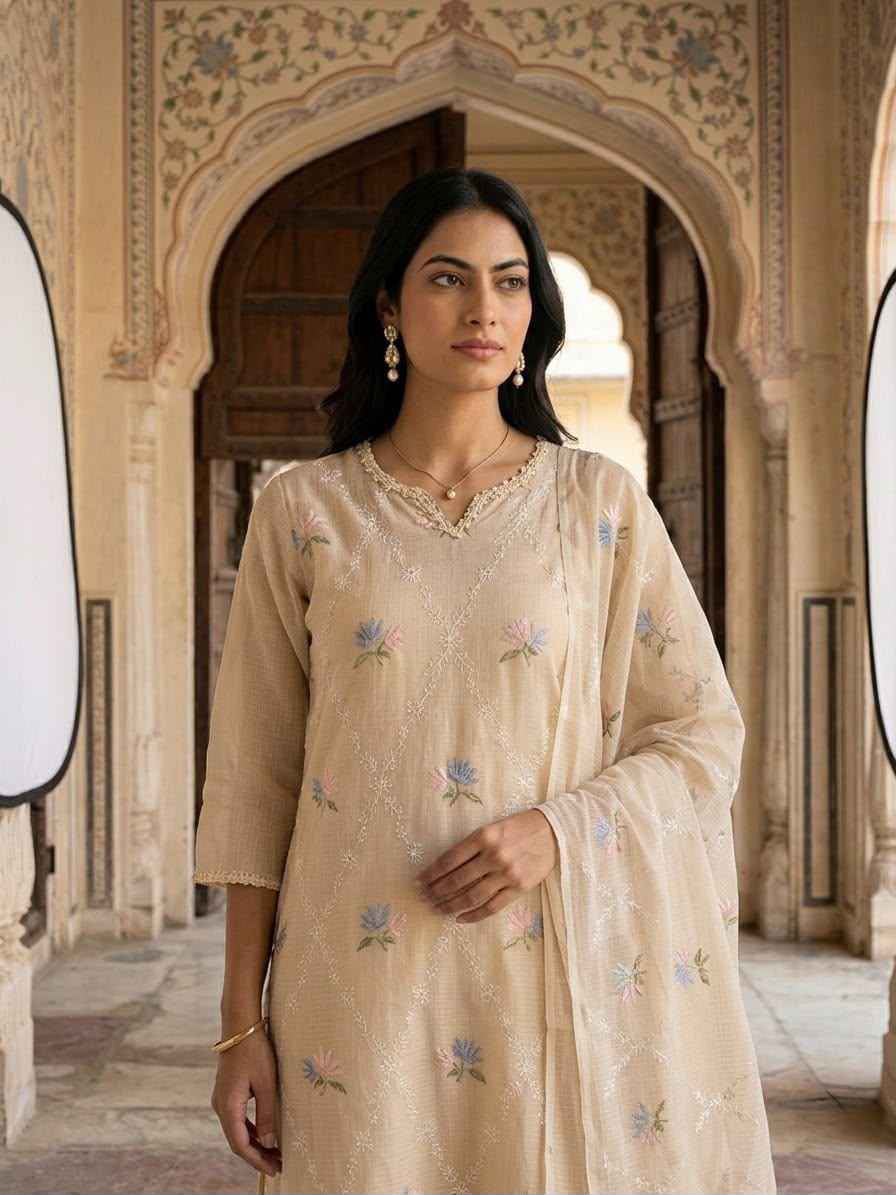 Women Elegant Floral Thread Embroidered Kurta Set with Dupatta