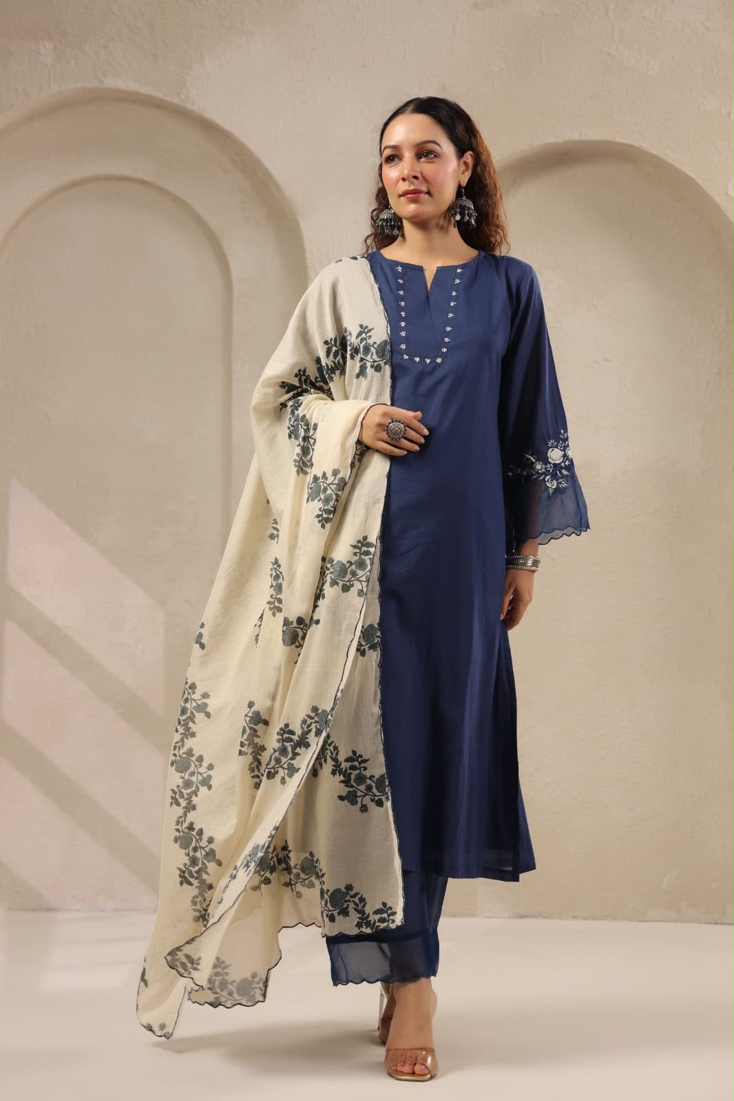 Elegant Dusty Rose Embroidered Kurta Set with Printed Dupatta