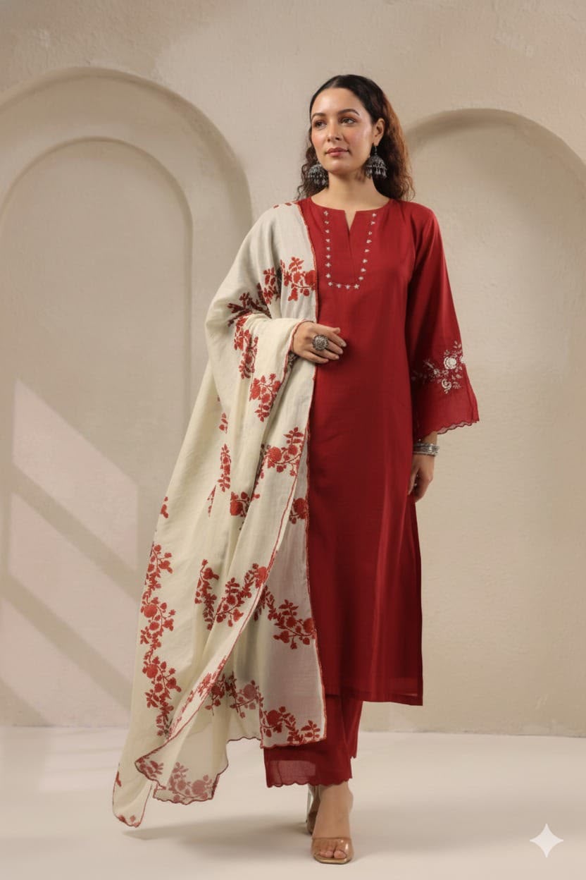 Elegant Dusty Rose Embroidered Kurta Set with Printed Dupatta