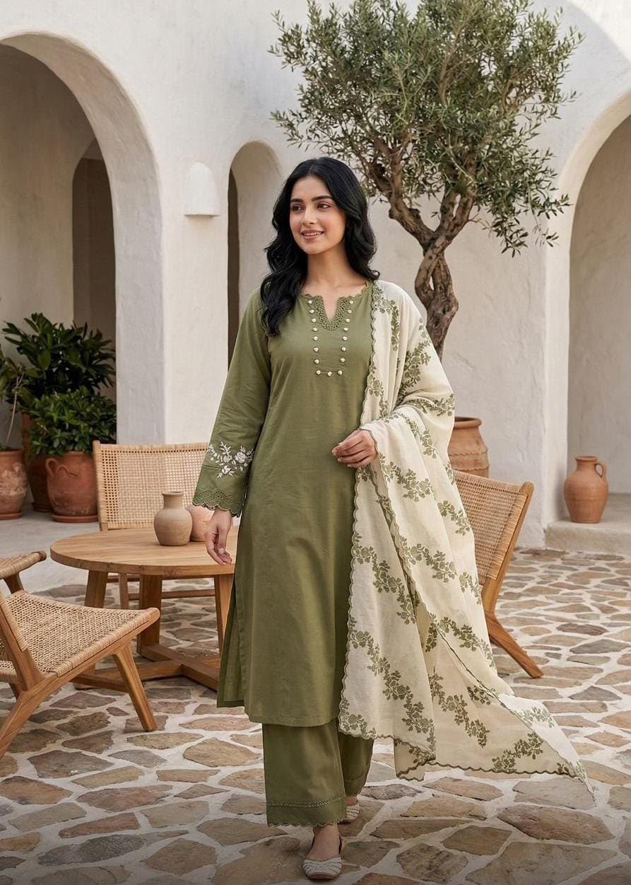 Elegant Dusty Rose Embroidered Kurta Set with Printed Dupatta