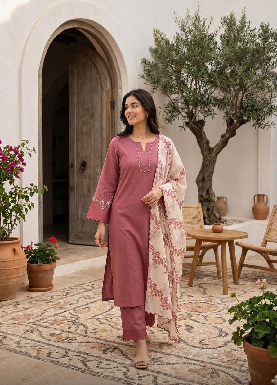 Elegant Dusty Rose Embroidered Kurta Set with Printed Dupatta