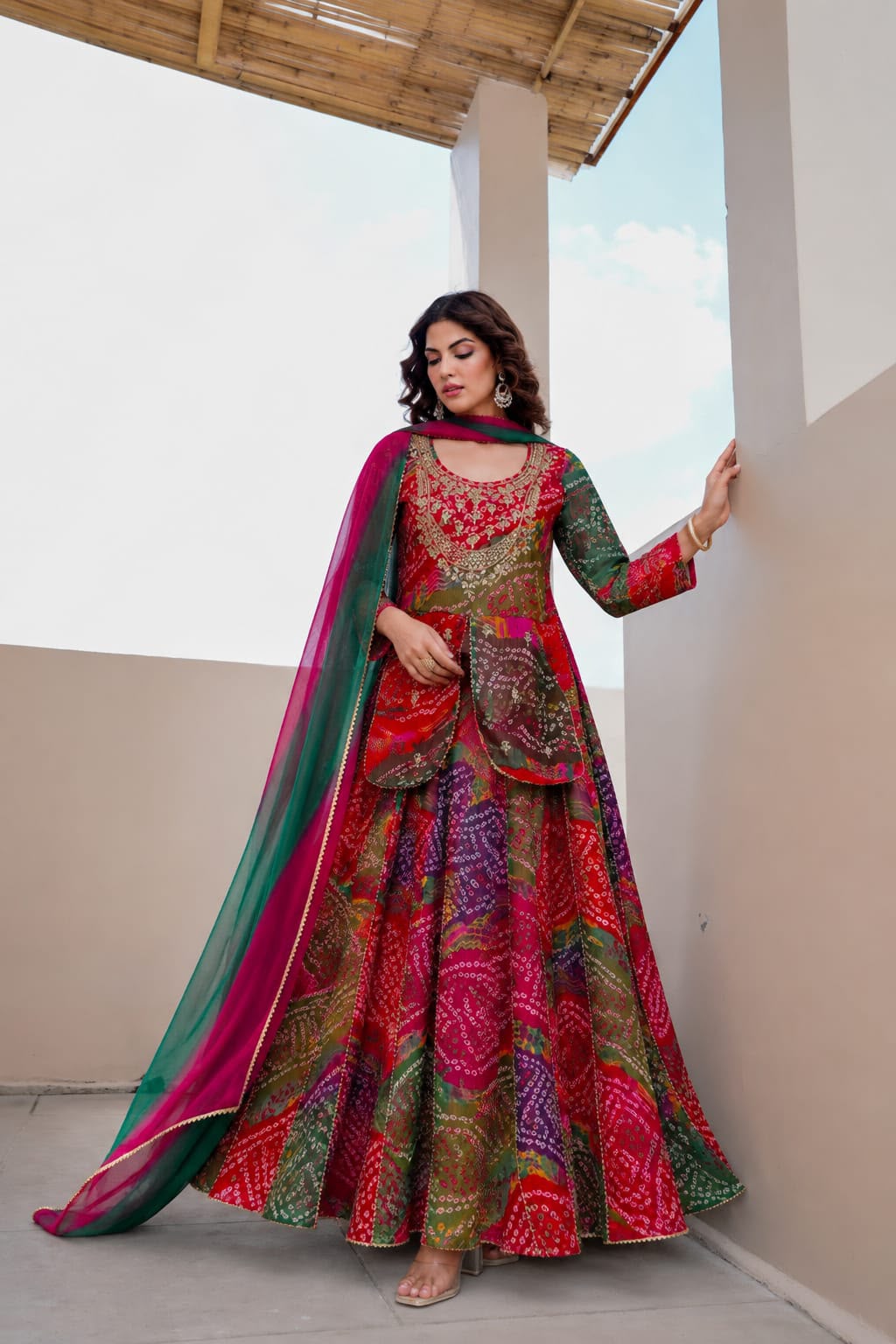 Kalakasuti Luxury Bandhani Print Anarkali Suit Set with Ombre Dupatta