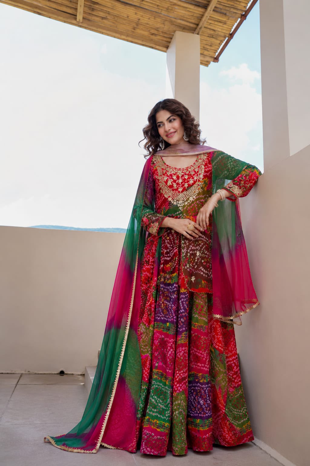 Kalakasuti Luxury Bandhani Print Anarkali Suit Set with Ombre Dupatta