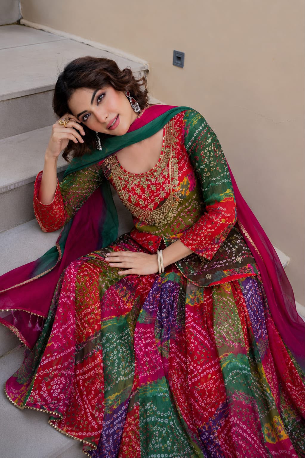 Kalakasuti Luxury Bandhani Print Anarkali Suit Set with Ombre Dupatta