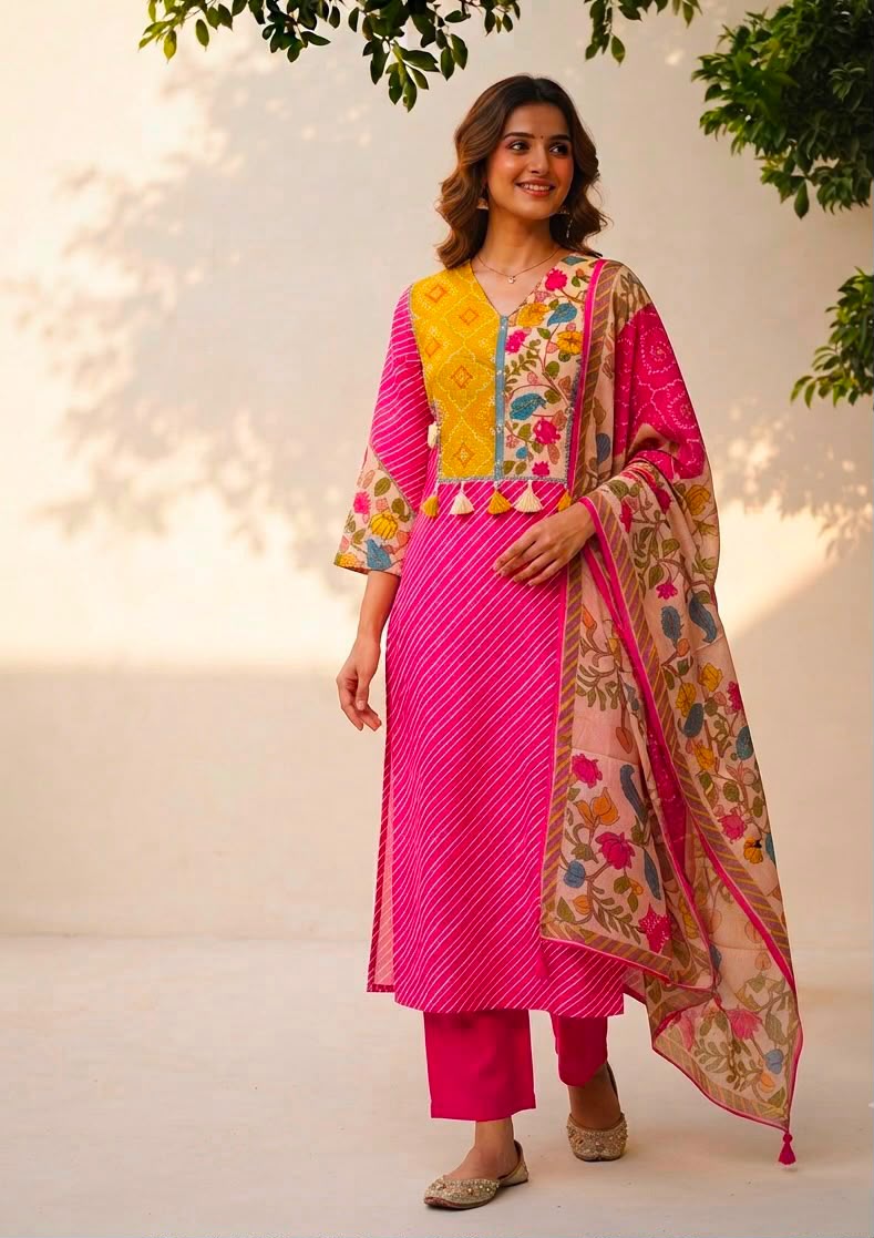 Premium Mustard Leheriya Kurta Set with Floral Cotton Dupatta
