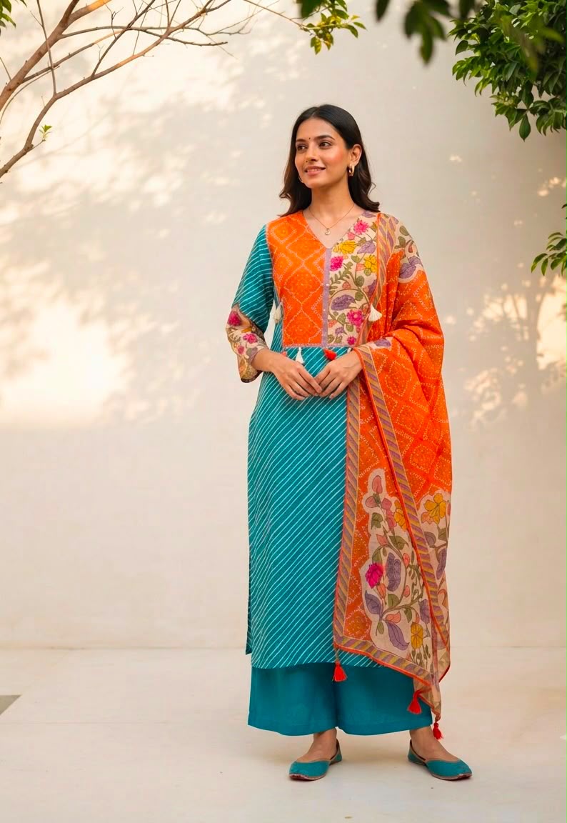 Premium Mustard Leheriya Kurta Set with Floral Cotton Dupatta