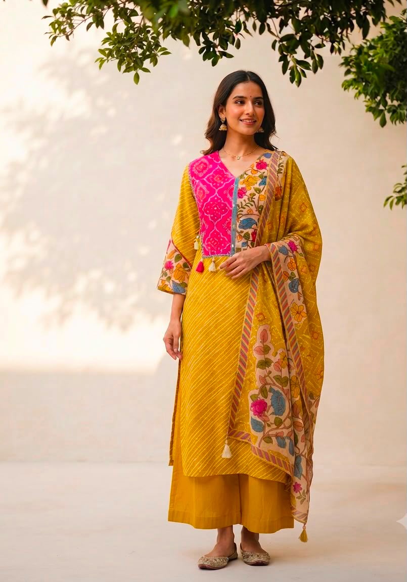 Premium Mustard Leheriya Kurta Set with Floral Cotton Dupatta