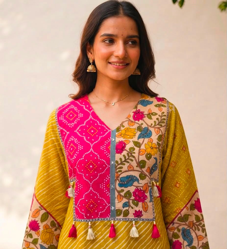 Premium Mustard Leheriya Kurta Set with Floral Cotton Dupatta