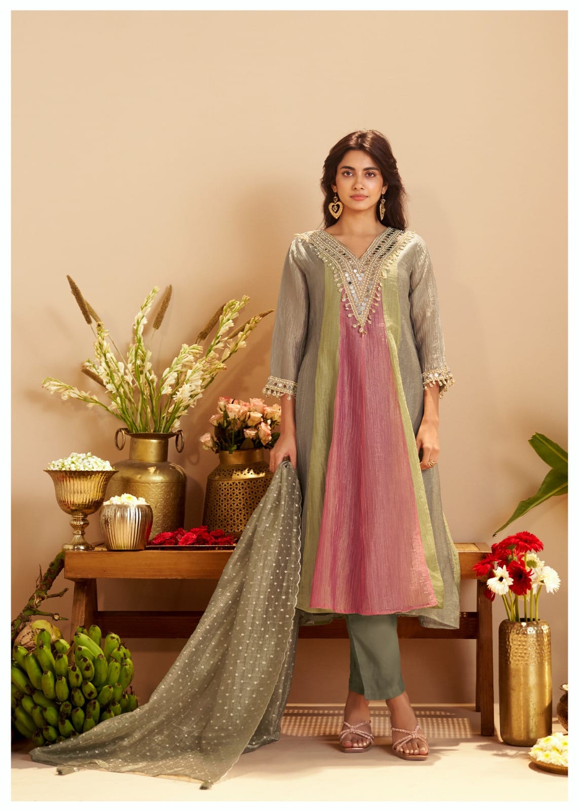 Embellished A-Line Kurta Set with Organza Dupatta
