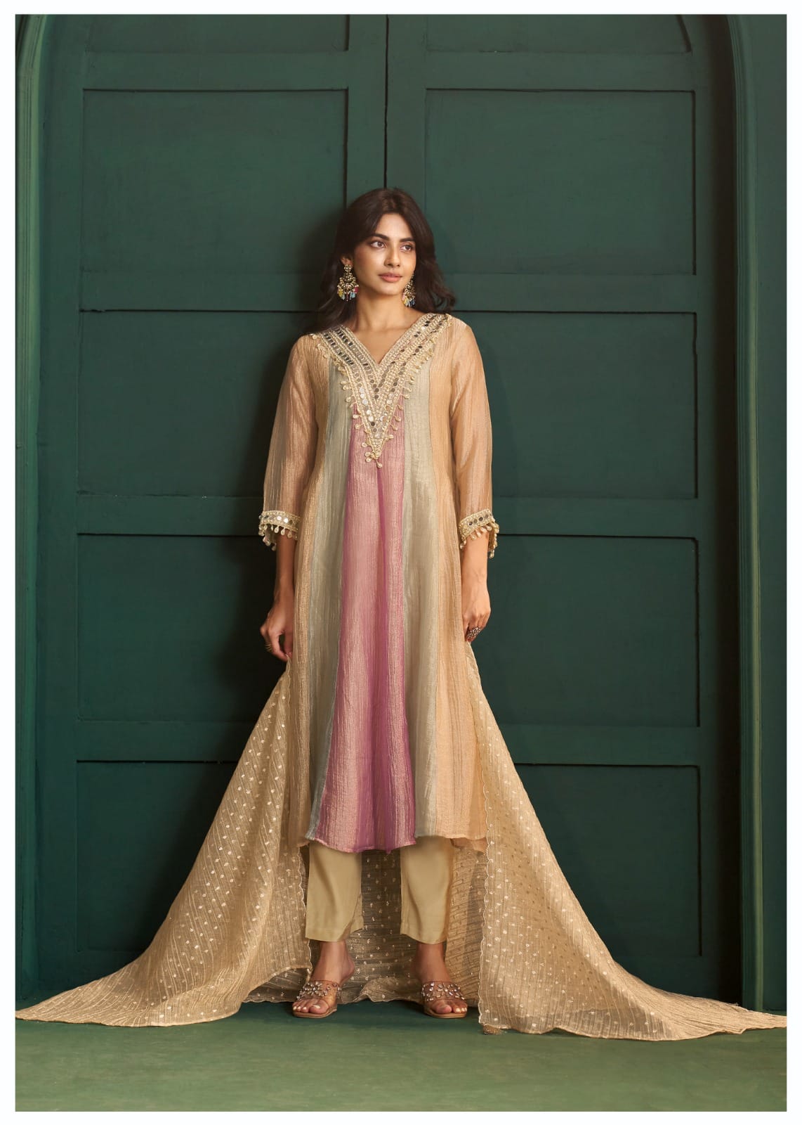 Embellished A-Line Kurta Set with Organza Dupatta