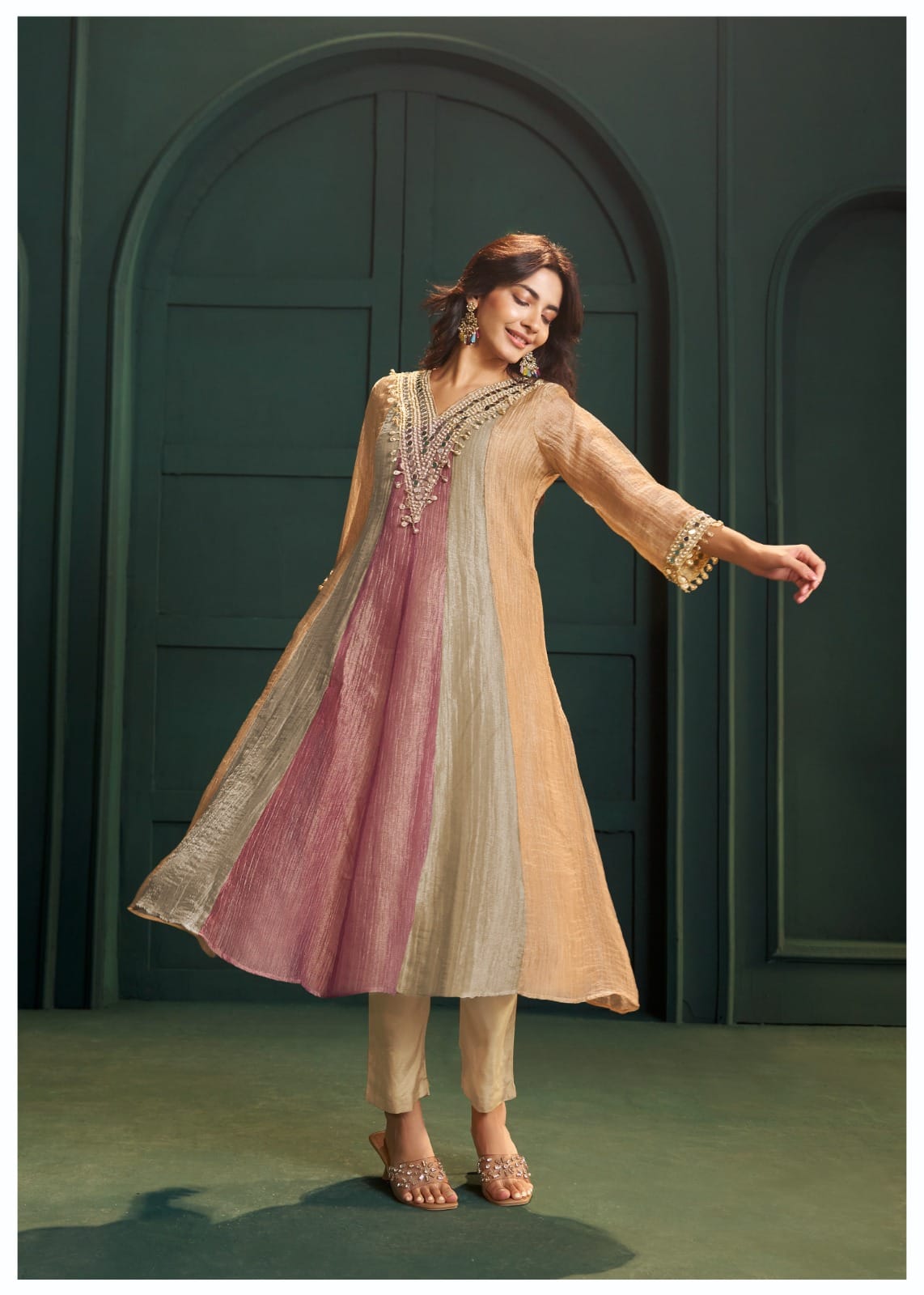 Embellished A-Line Kurta Set with Organza Dupatta