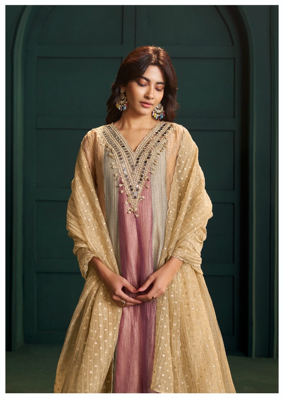Embellished A-Line Kurta Set with Organza Dupatta