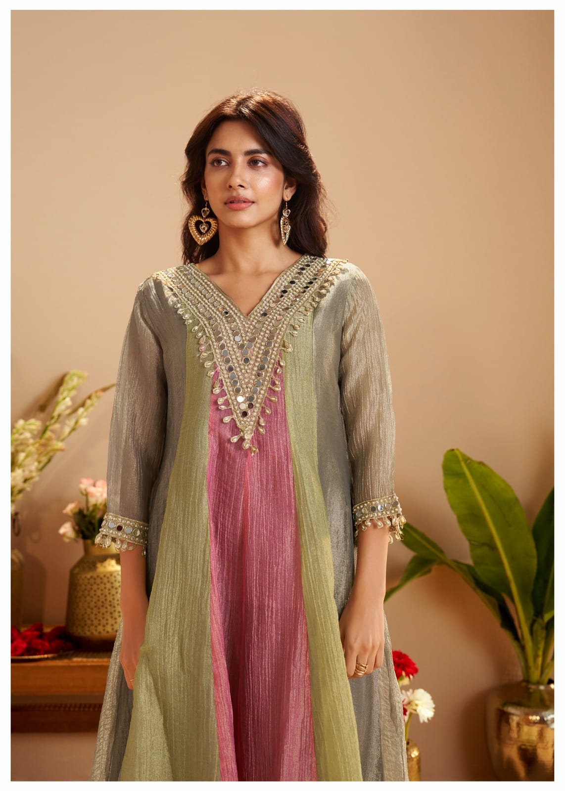 Embellished A-Line Kurta Set with Organza Dupatta