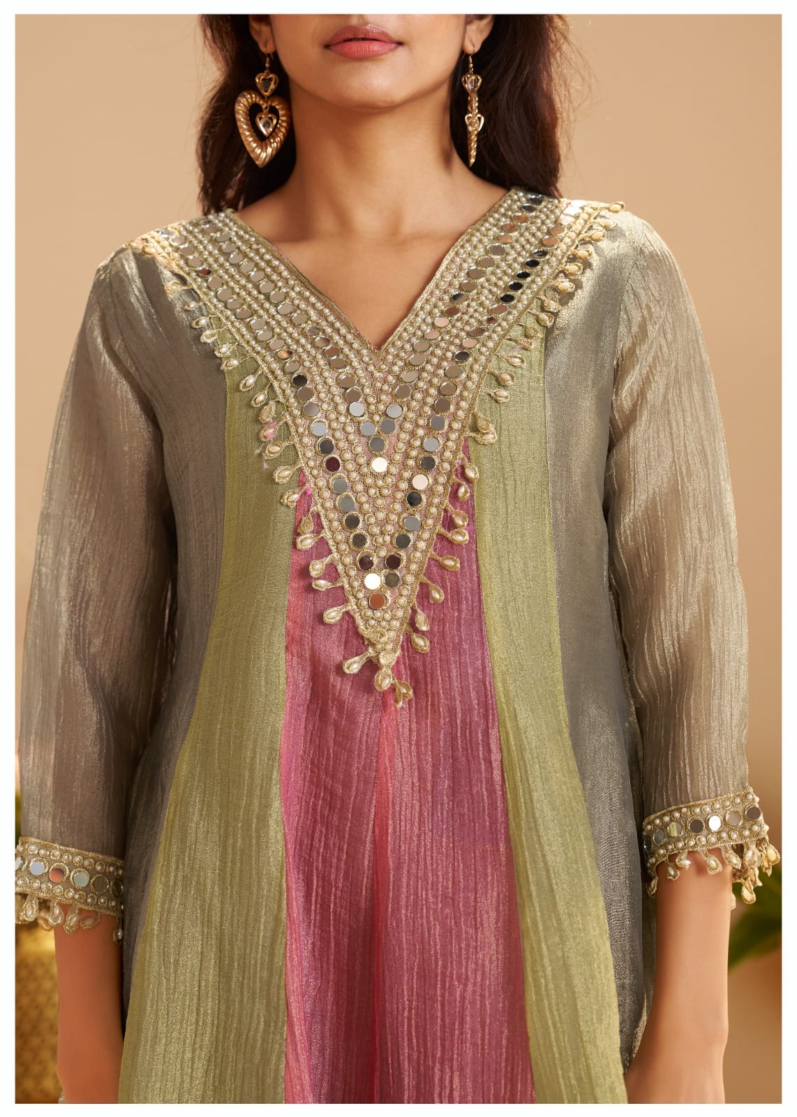 Embellished A-Line Kurta Set with Organza Dupatta