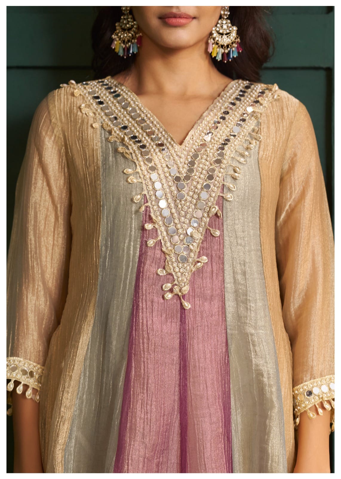 Embellished A-Line Kurta Set with Organza Dupatta