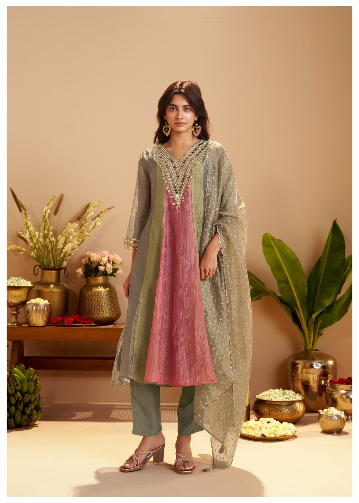 Embellished A-Line Kurta Set with Organza Dupatta