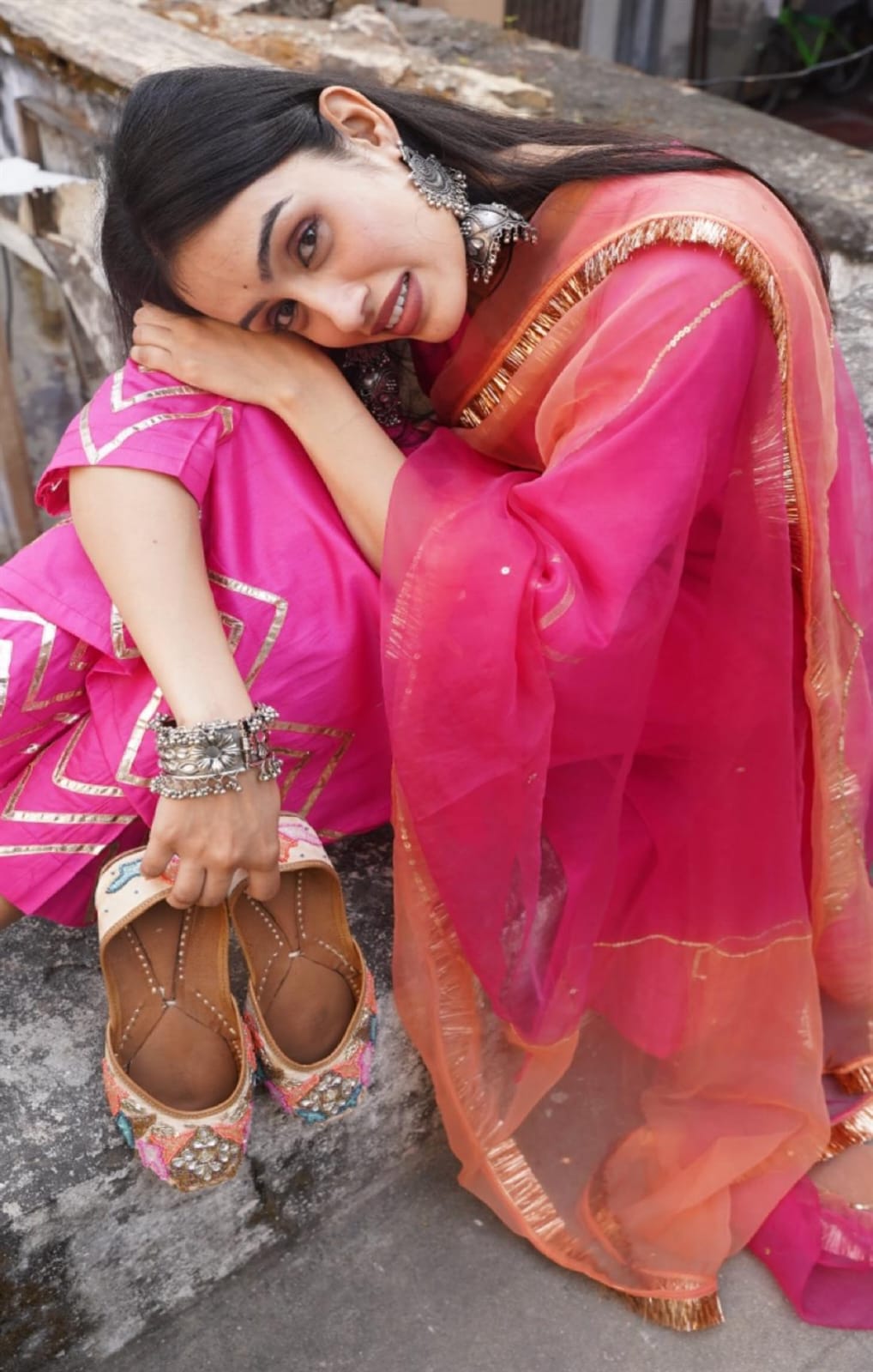 Elegant Pink Gota Patti Kurta Set with Organza Dupatta