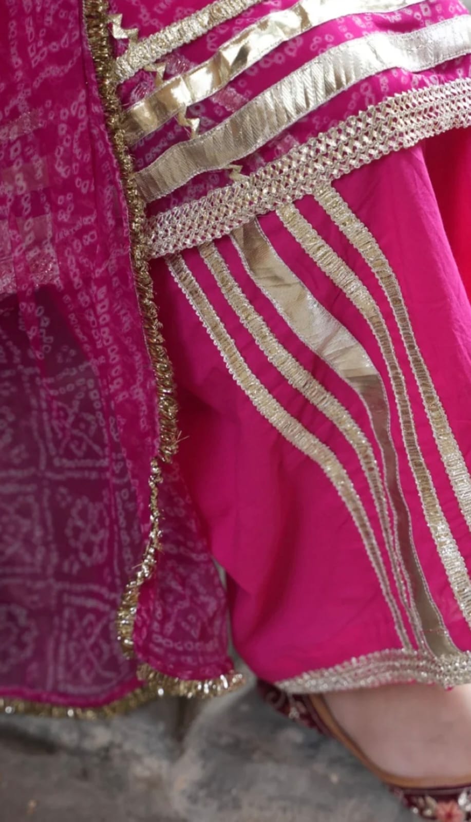 Pink Bandhani Print Kurta Set with Gota Lace & Matching Dupatta