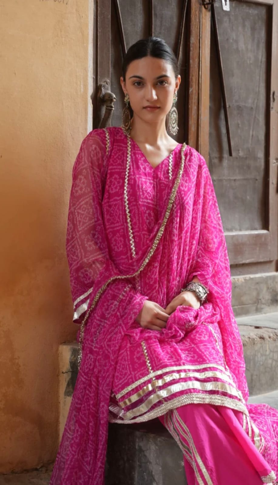 Pink Bandhani Print Kurta Set with Gota Lace & Matching Dupatta