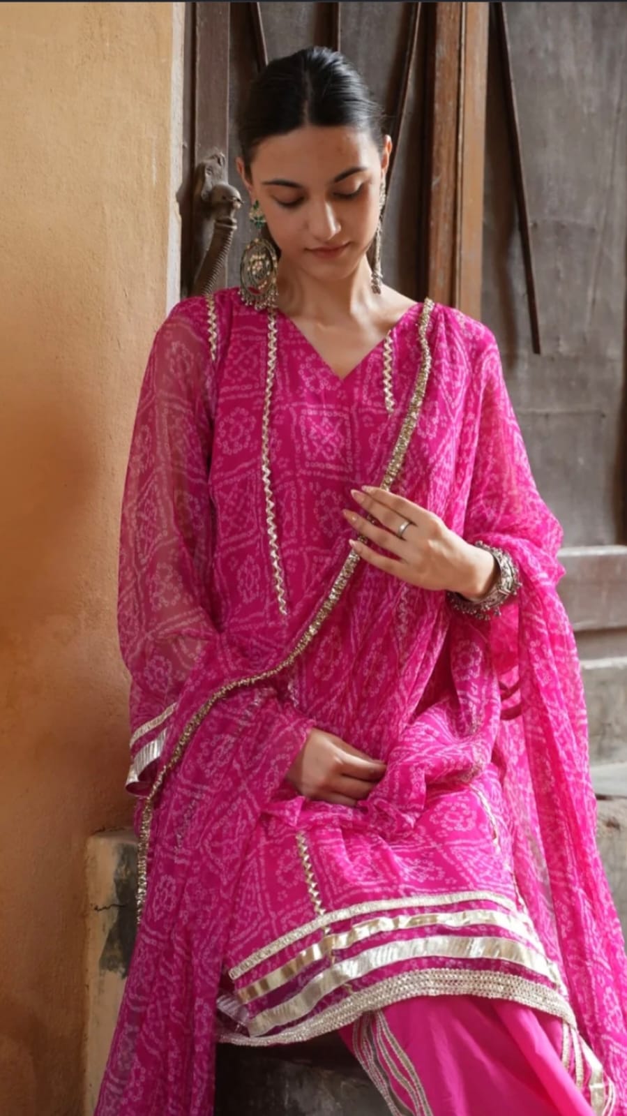 Pink Bandhani Print Kurta Set with Gota Lace & Matching Dupatta