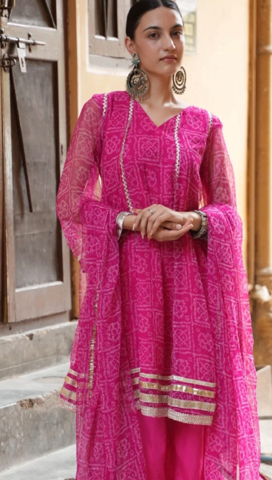 Pink Bandhani Print Kurta Set with Gota Lace & Matching Dupatta