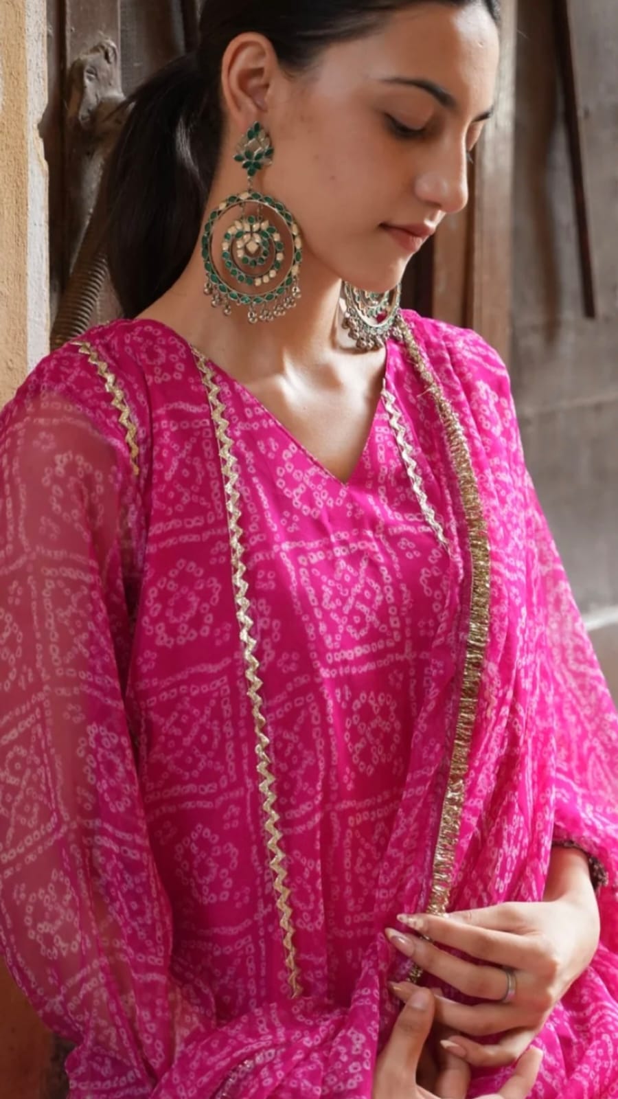 Pink Bandhani Print Kurta Set with Gota Lace & Matching Dupatta