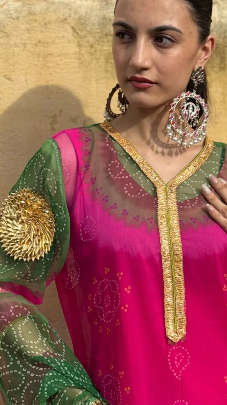 Pink & Green Bandhani Print Traditional Kurta Set with Dupatta