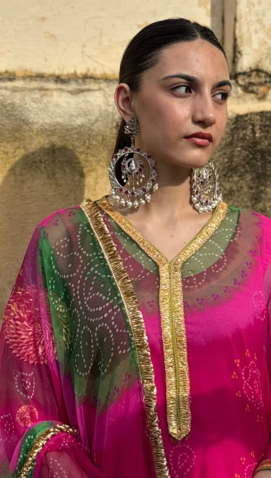 Pink & Green Bandhani Print Traditional Kurta Set with Dupatta