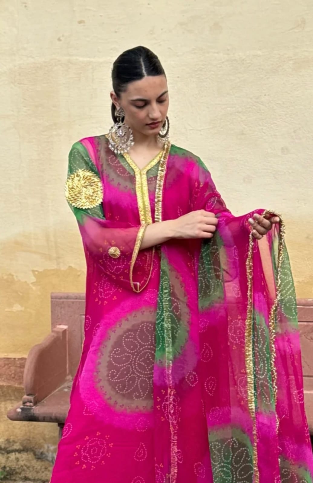Pink & Green Bandhani Print Traditional Kurta Set with Dupatta