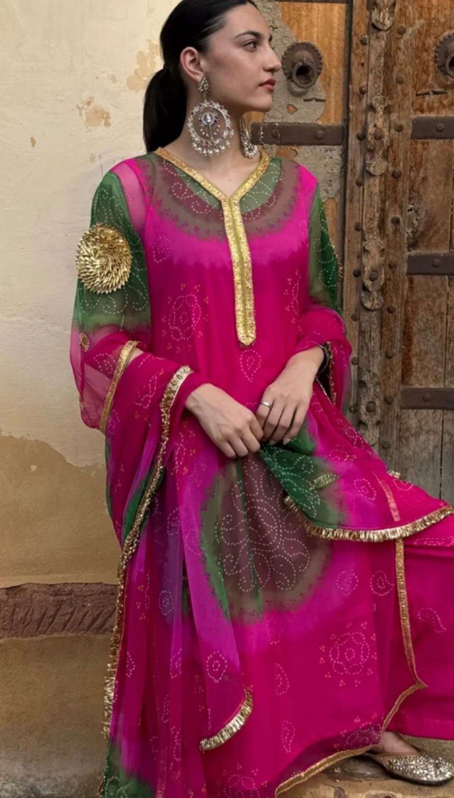 Pink & Green Bandhani Print Traditional Kurta Set with Dupatta