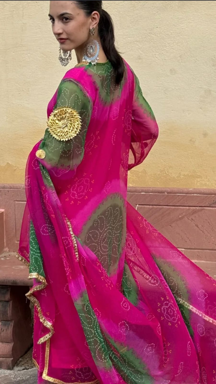 Pink & Green Bandhani Print Traditional Kurta Set with Dupatta