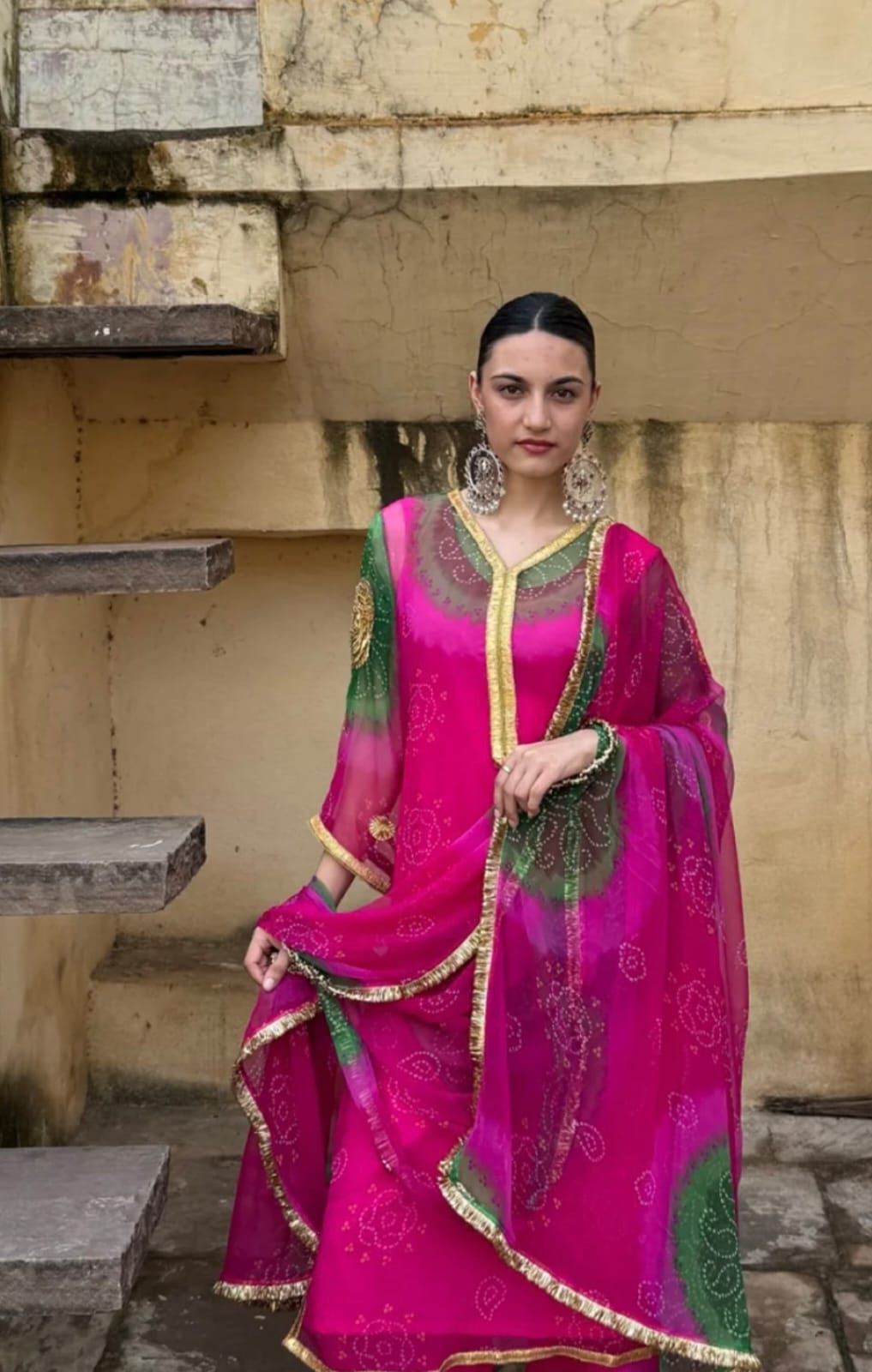 Pink & Green Bandhani Print Traditional Kurta Set with Dupatta