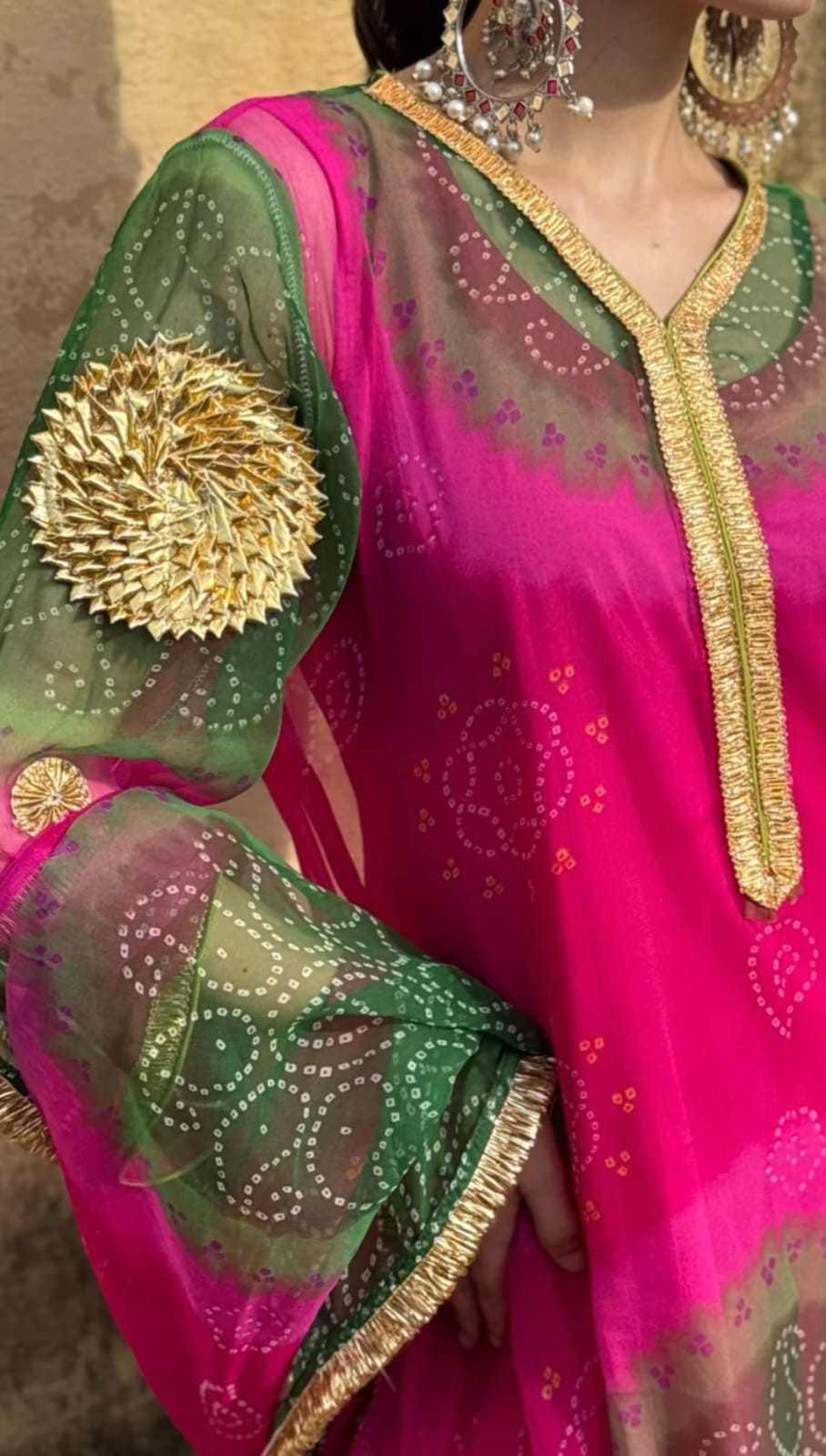 Pink & Green Bandhani Print Traditional Kurta Set with Dupatta