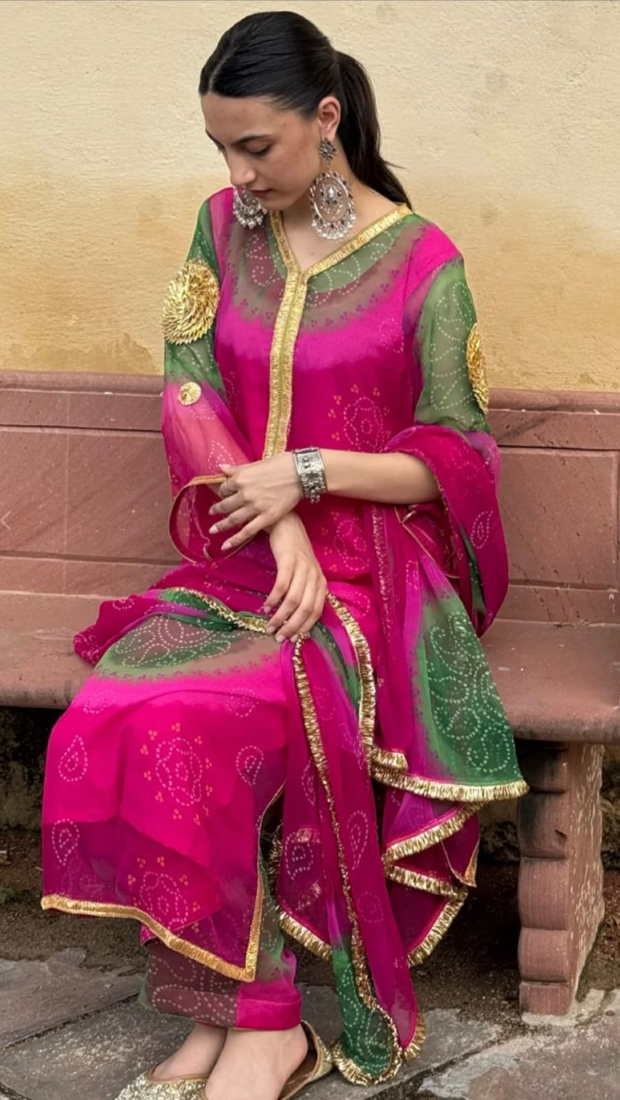 Pink & Green Bandhani Print Traditional Kurta Set with Dupatta
