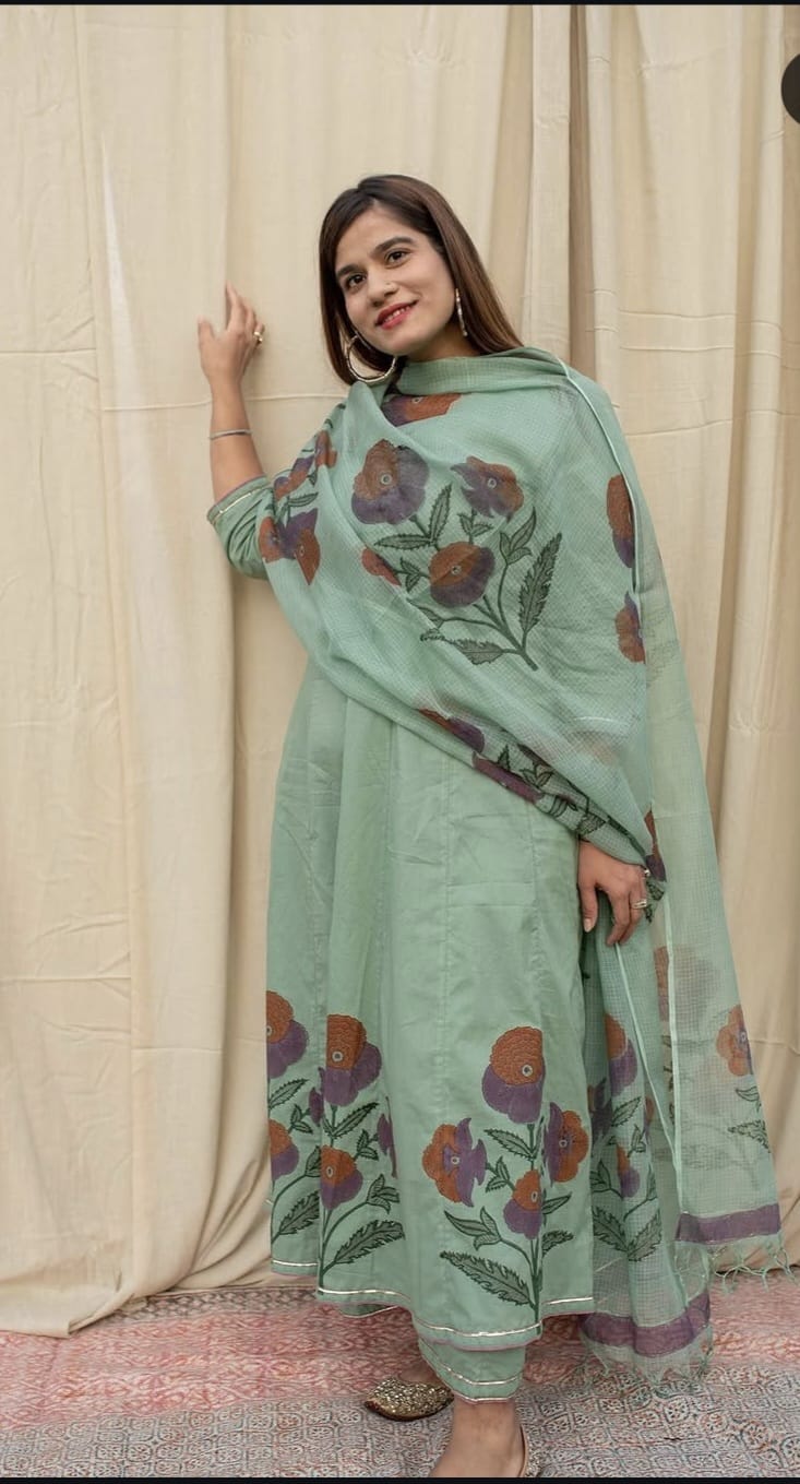 Sage Bloom Premium Floral Cotton Suit Set