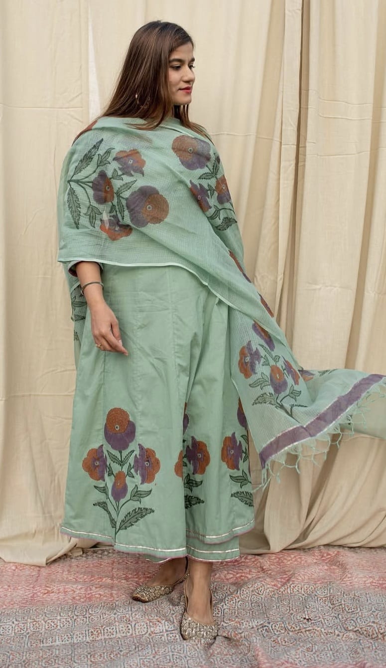 Sage Bloom Premium Floral Cotton Suit Set